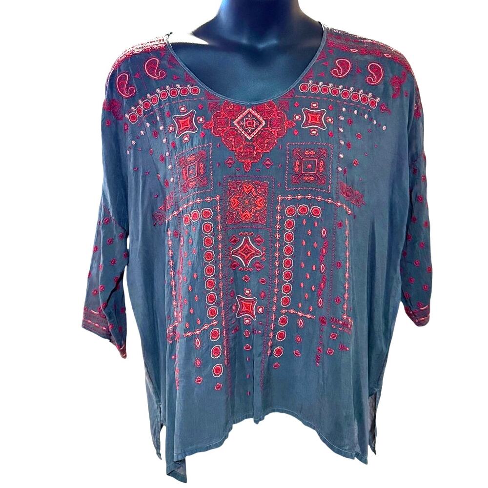 Johnny Was Gray Boho Chic Blouse Short Sleeve Top Relaxed Fit V-Neck SZ Med